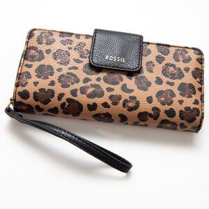 Fossil Zip Clutch Continental Wallet Leopard Pebbled Brown Black